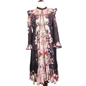 Zimmermann Floral Maxi Dress Women SZ 3 US 10 Black Pink Linen Ruffle Lace Boho